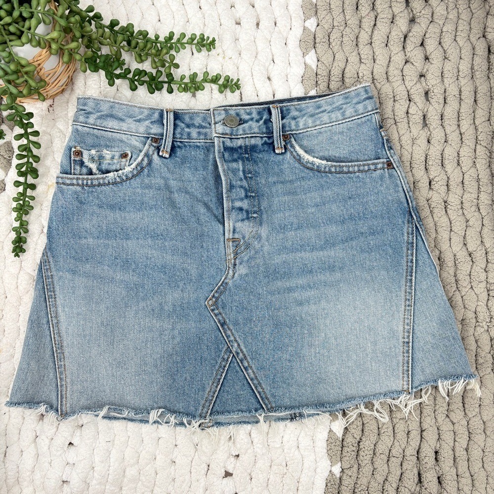 GRLFRND Denim Mini Skirt Light Wash Raw Hem 100% Cotton Made in USA Distressed